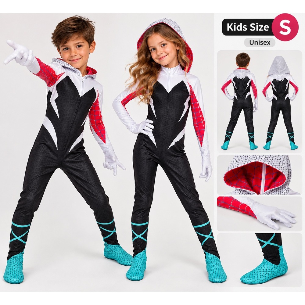 Spider-Gwen Ghost-Spider Kids Costume Hooded Jumpsuit Size Small Unisex Cosplay